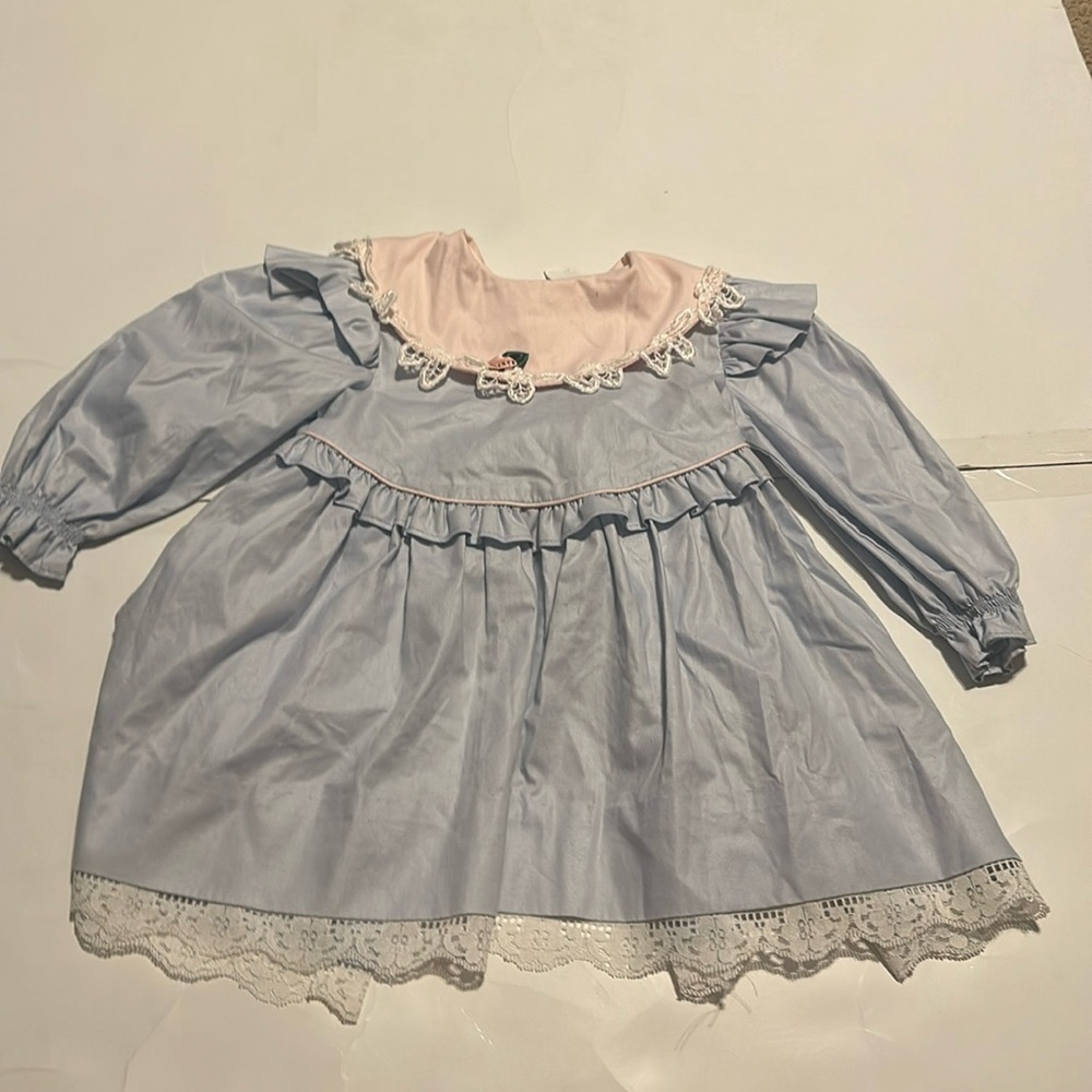 Vintage Baby Blue Colonial Floral Lace Bow Tie Ruffle Girls Dress 4T Long Sleeve